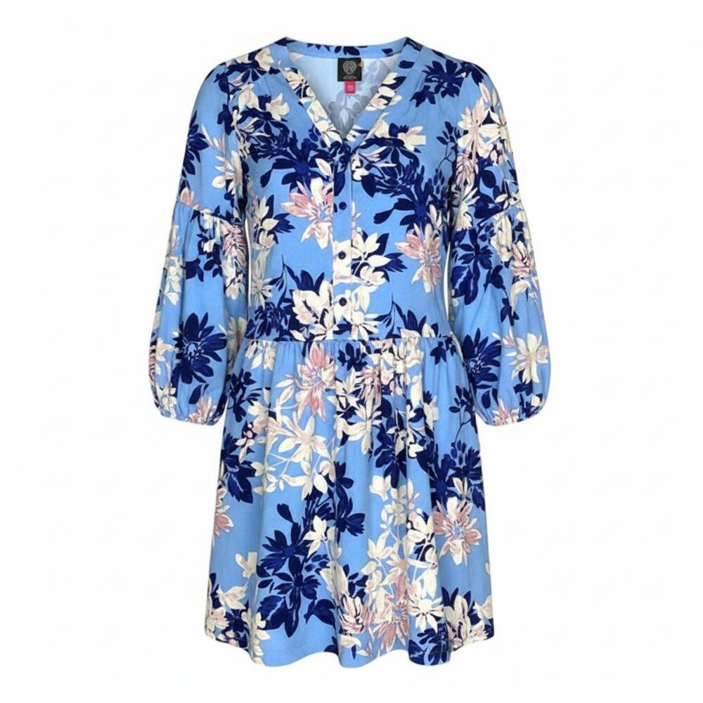Vince Camuto Blue Floral Bubble Sleeve Midi Dress Gardern Party Romantic Florals
